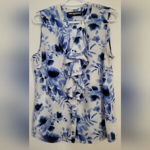 Karl Lagerfeld Paris • Blue & White Floral Sleeveless Ruffle Blouse Size XL